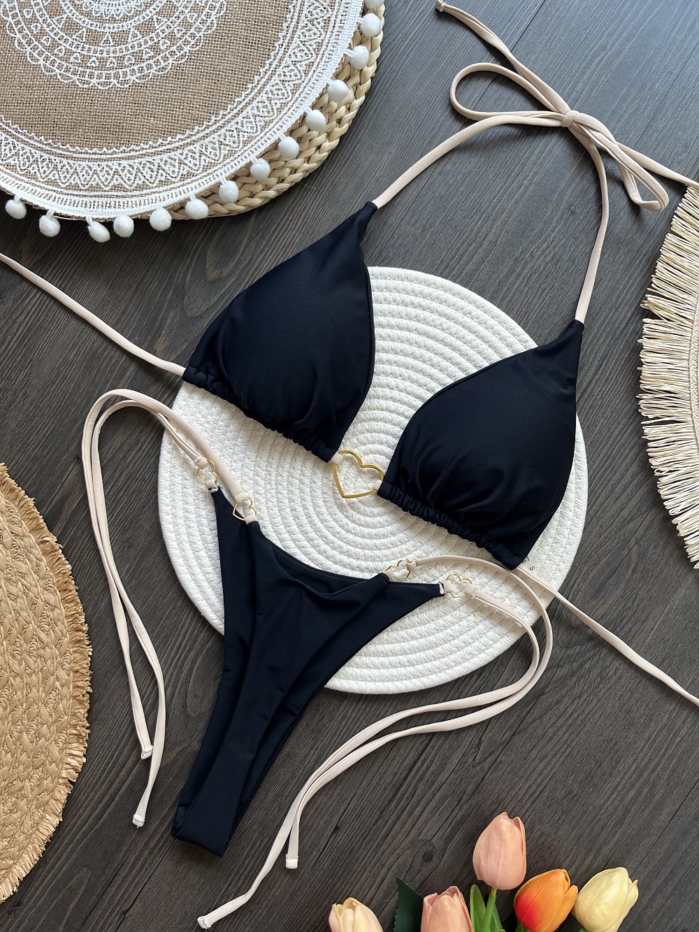 Black Triangle String Bikini Set with Beige Ties