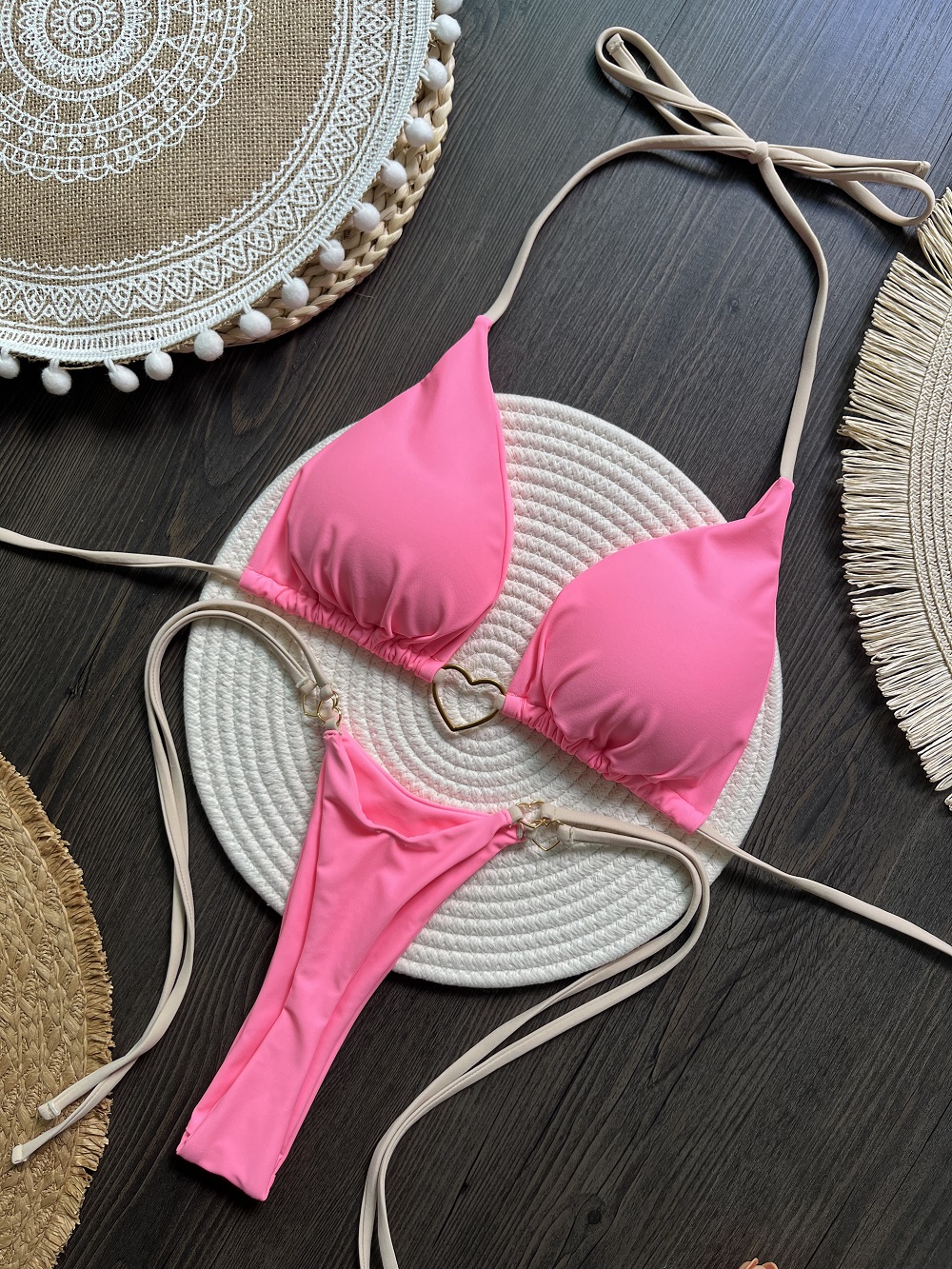 Neon Pink Heart Ring Triangle Bikini Set