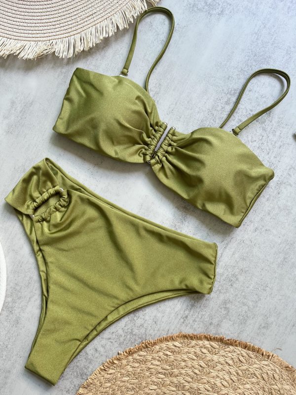 Olive Green Ruched Bandeau High-Waist Bikini Set