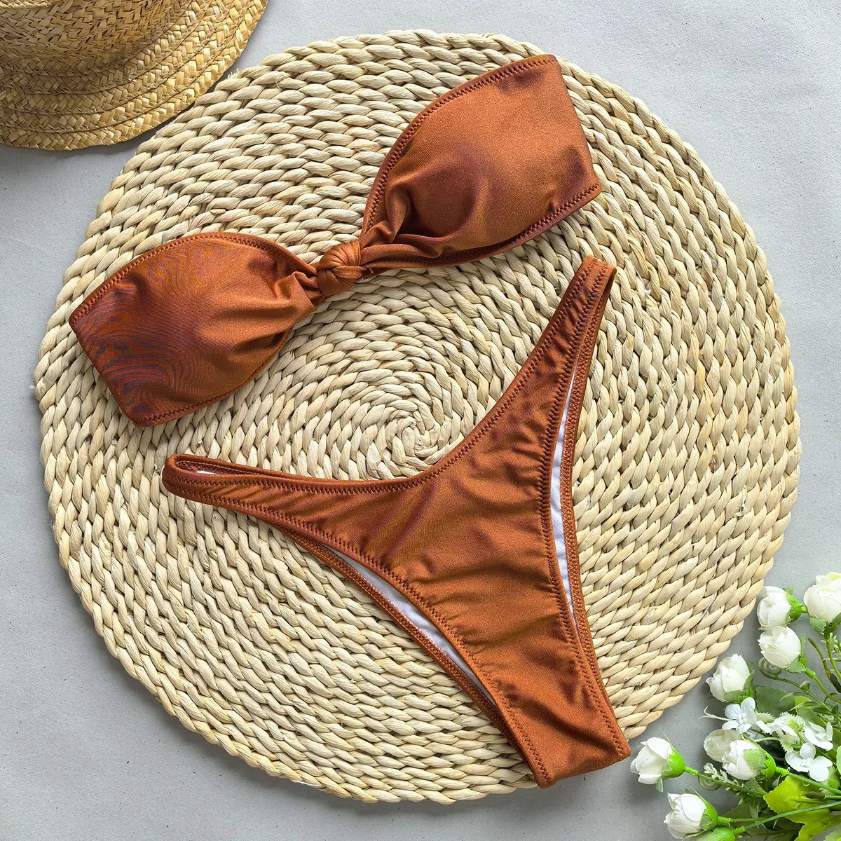 Luna Knot Bandeau High Cut Bikini Set – Black Brown & White