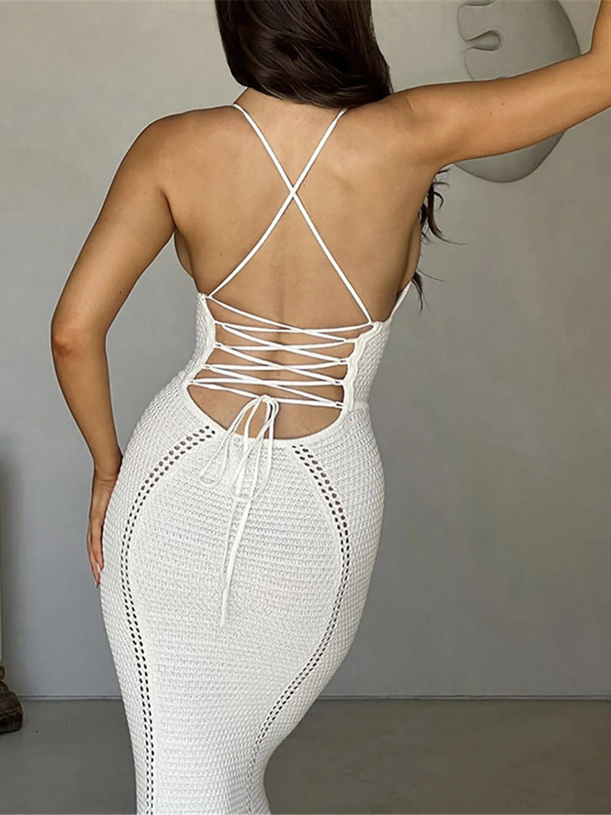 Women's Crochet Knit Halter Maxi Beach Cover-Up Dress