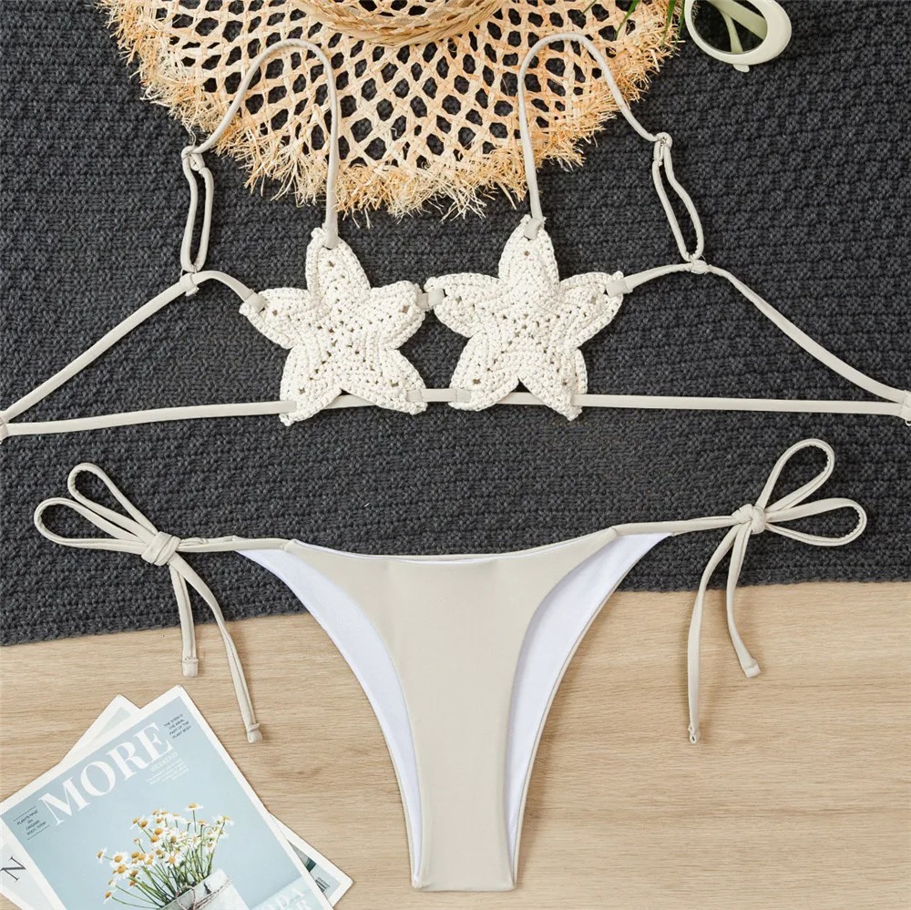 White Star String Bikini Set – Crochet-Style Detail