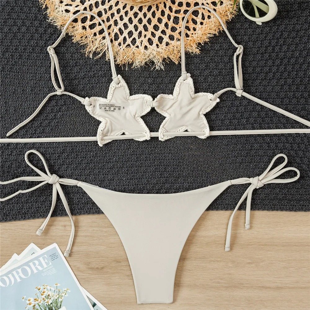 White Star String Bikini Set – Crochet-Style Detail